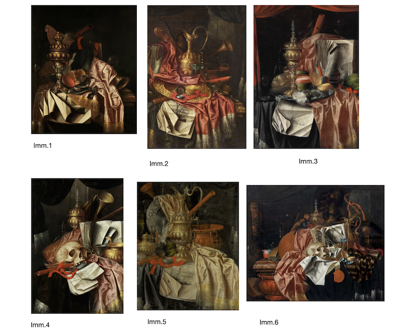 Natura morta Vanitas con oggetti preziosi, strumenti musicali e disegni